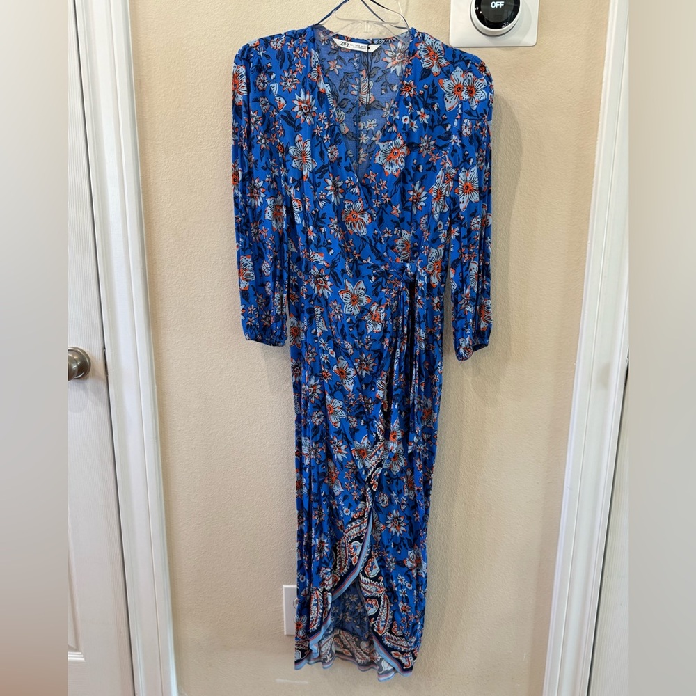 ZARA Blue Red Floral Print Midi Wrap Beautiful Summer Dress Size Small